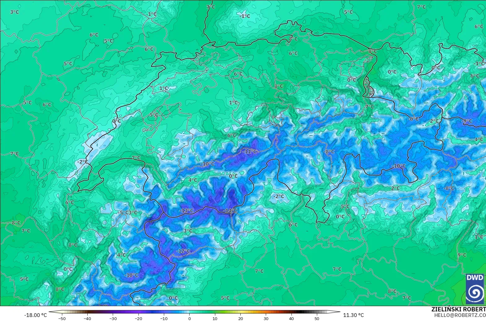 ICON Niemcy 2 km model - Szwajcaria, Temperatura na 850 hPa