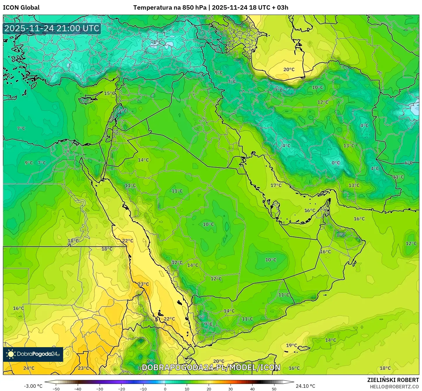 ICON model - Bliski Wschód, Temperatura na 850 hPa