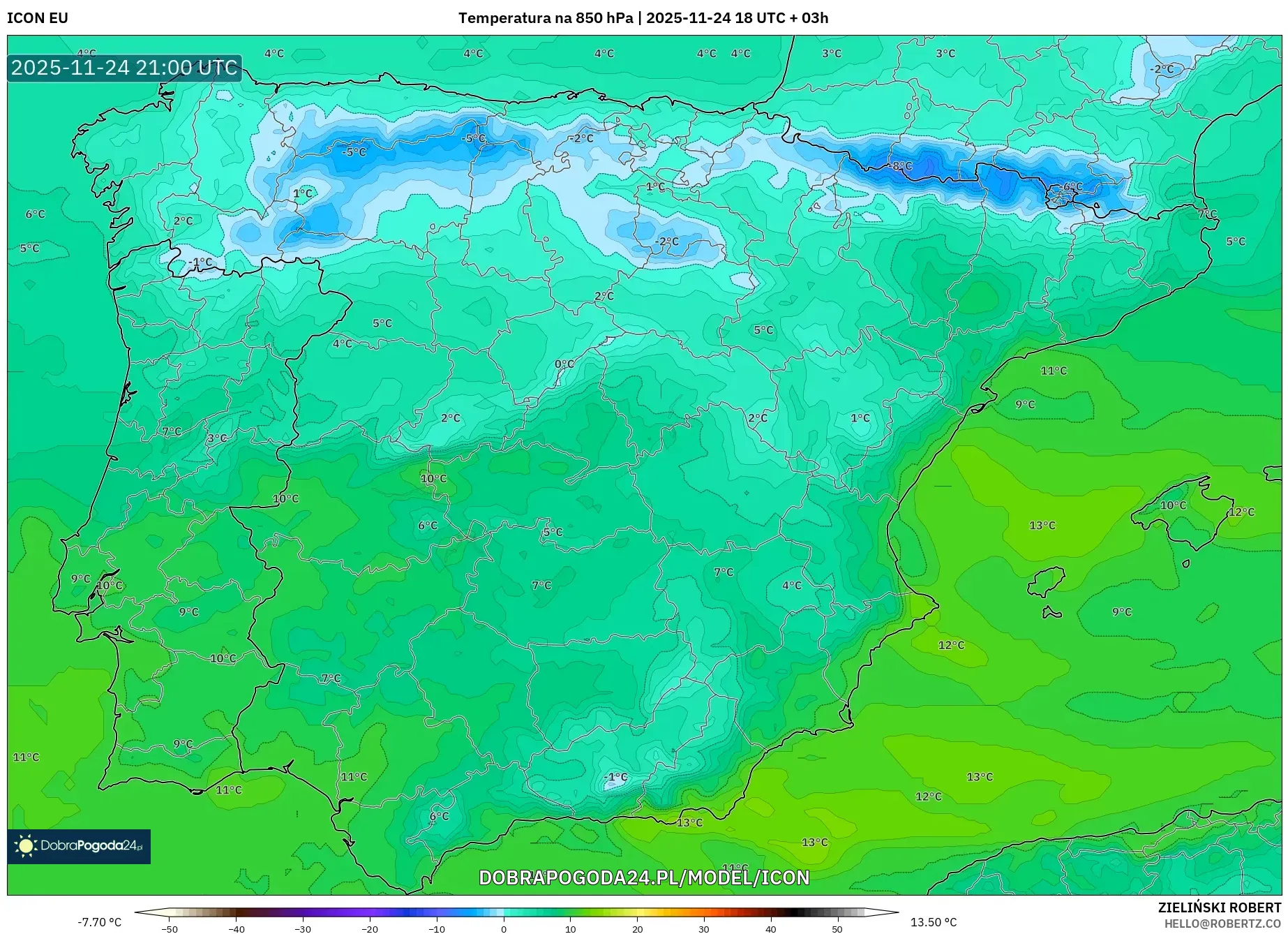 ICON model - Hiszpania, Temperatura na 850 hPa
