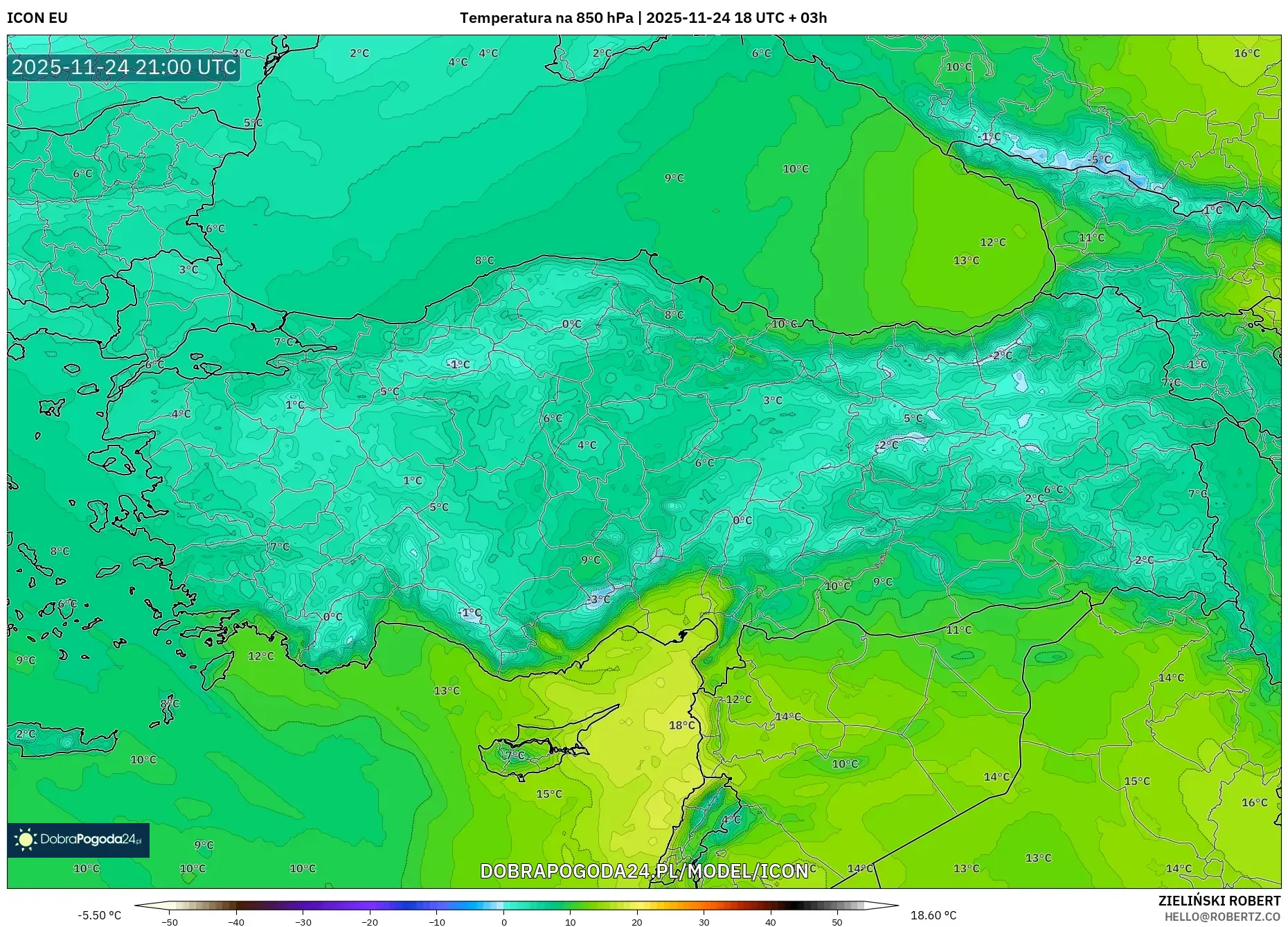 ICON model - Turcja, Temperatura na 850 hPa