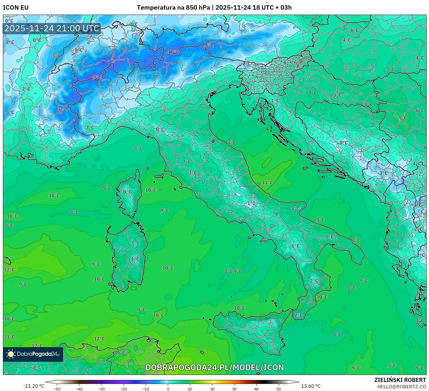 ICON model - Włochy, Temperatura na 850 hPa