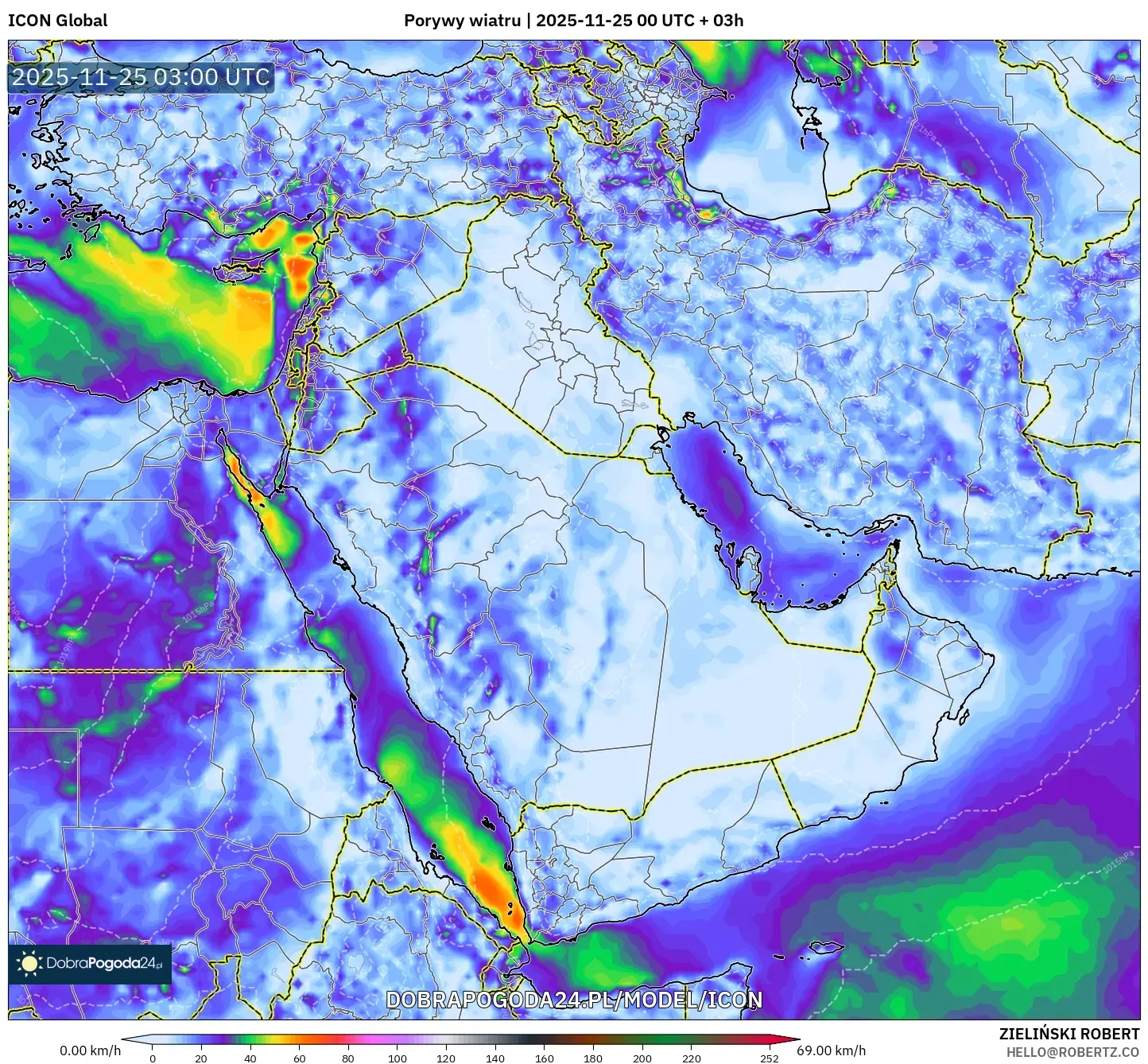 ICON model - Bliski Wschód, Porywy wiatru