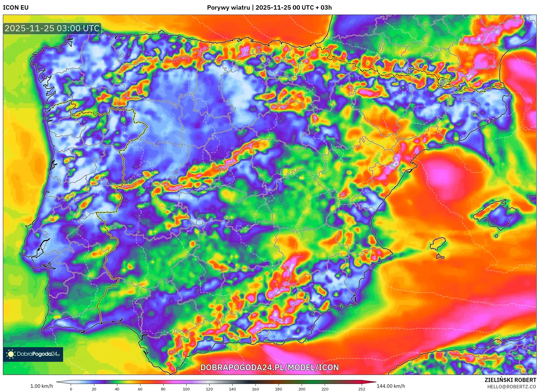 ICON model - Hiszpania, Porywy wiatru