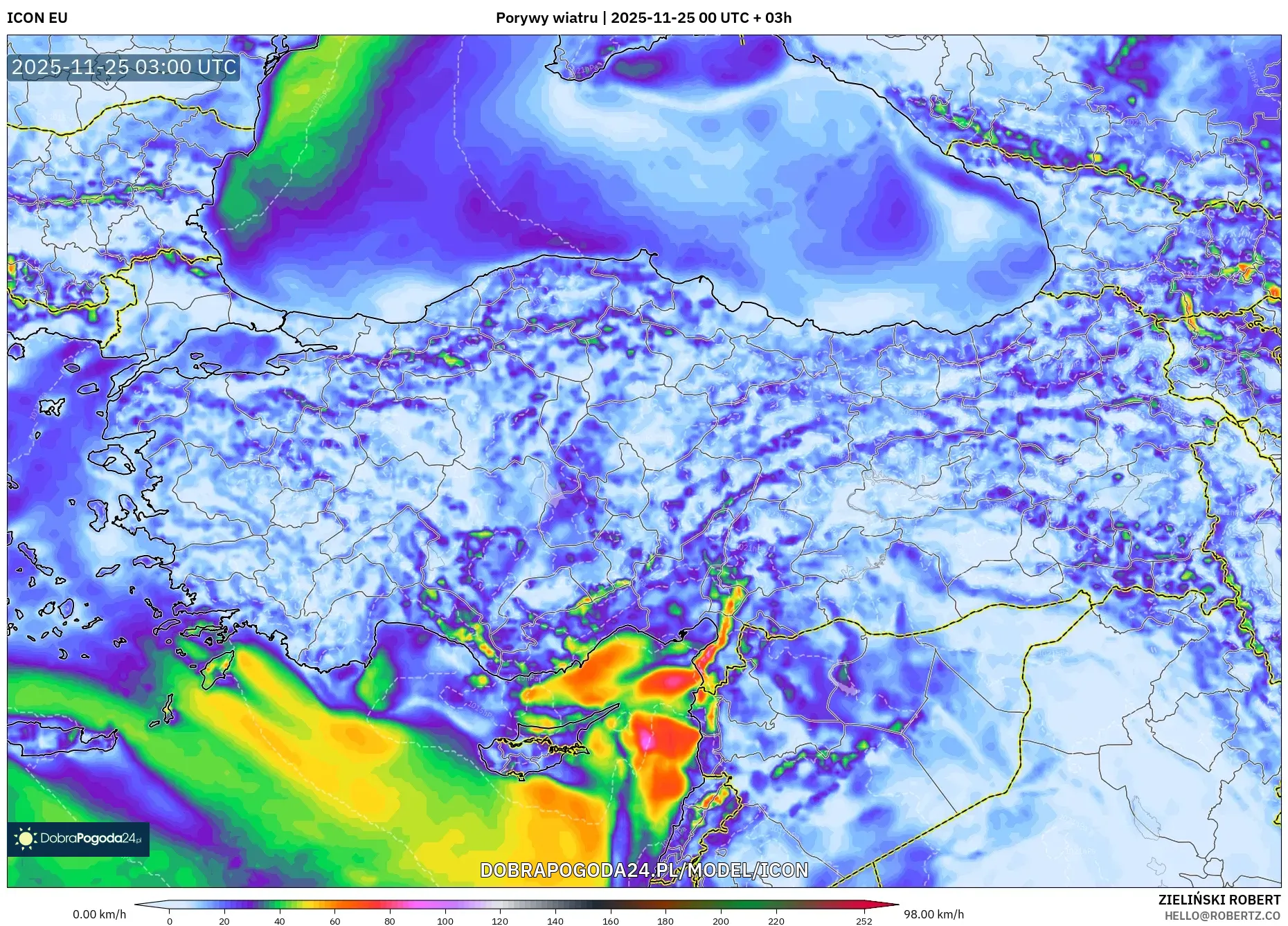 ICON model - Turcja, Porywy wiatru
