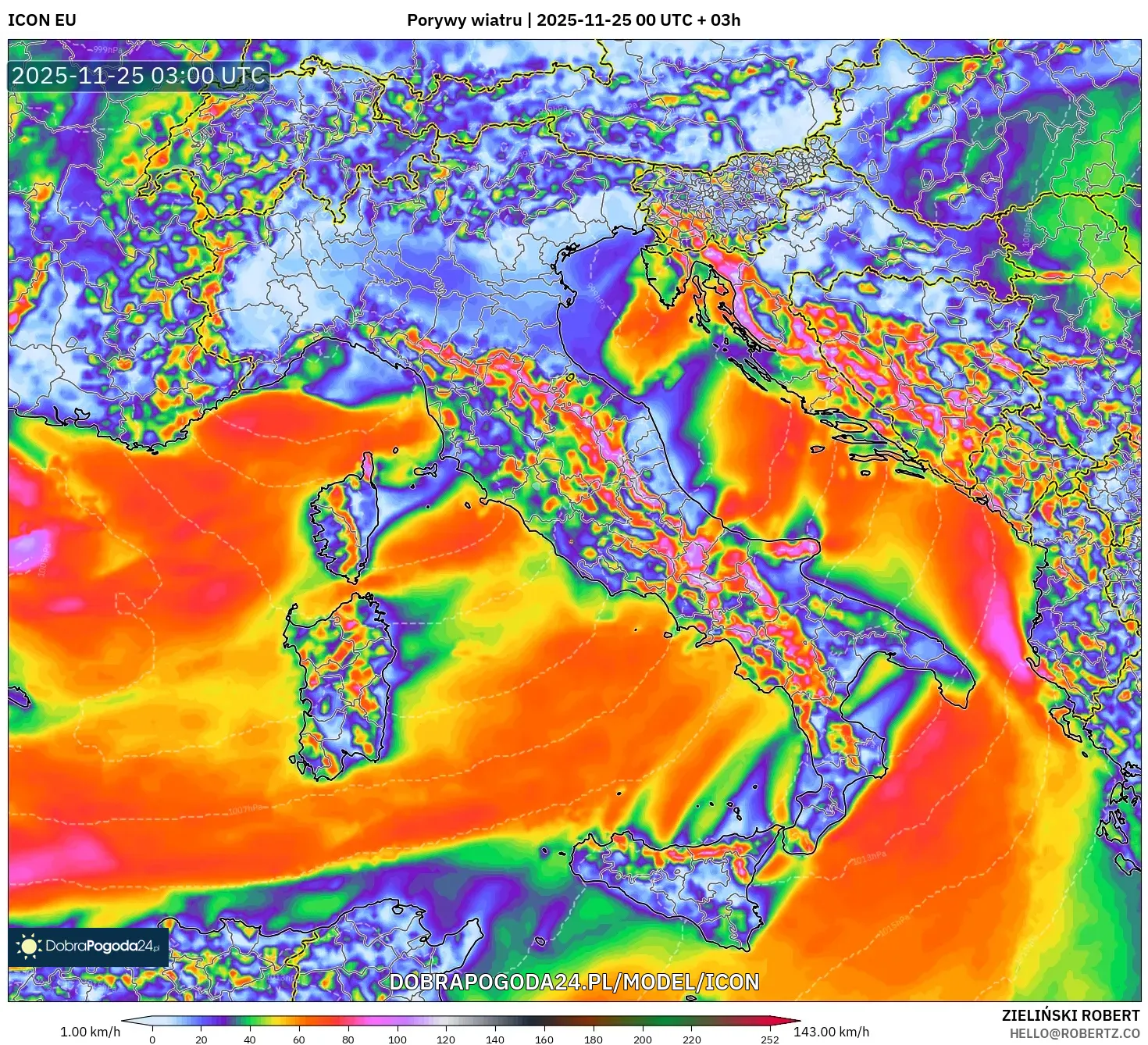 ICON model - Włochy, Porywy wiatru