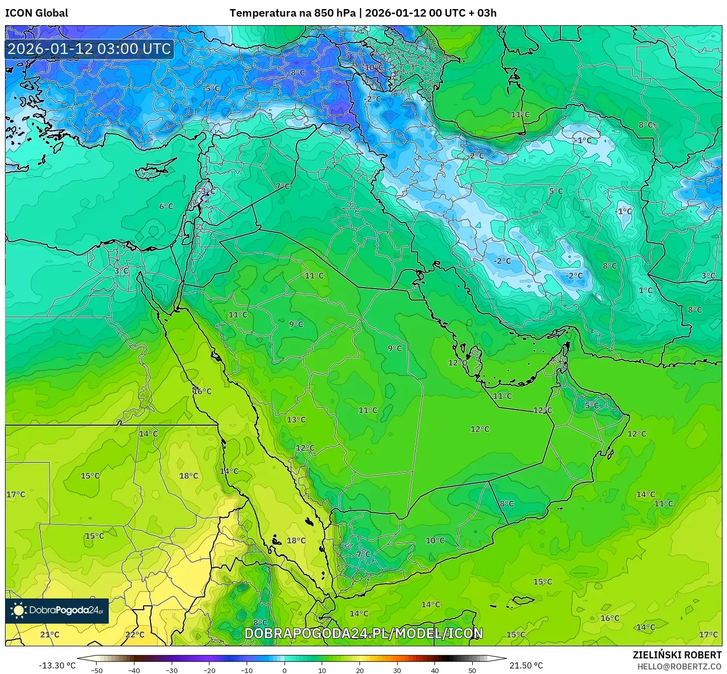 ICON model - Bliski Wschód, Temperatura na 850 hPa