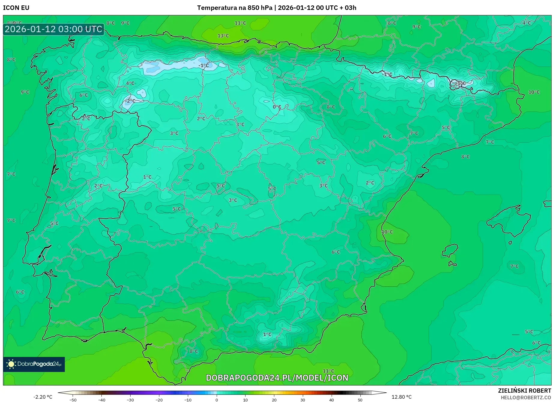 ICON model - Hiszpania, Temperatura na 850 hPa