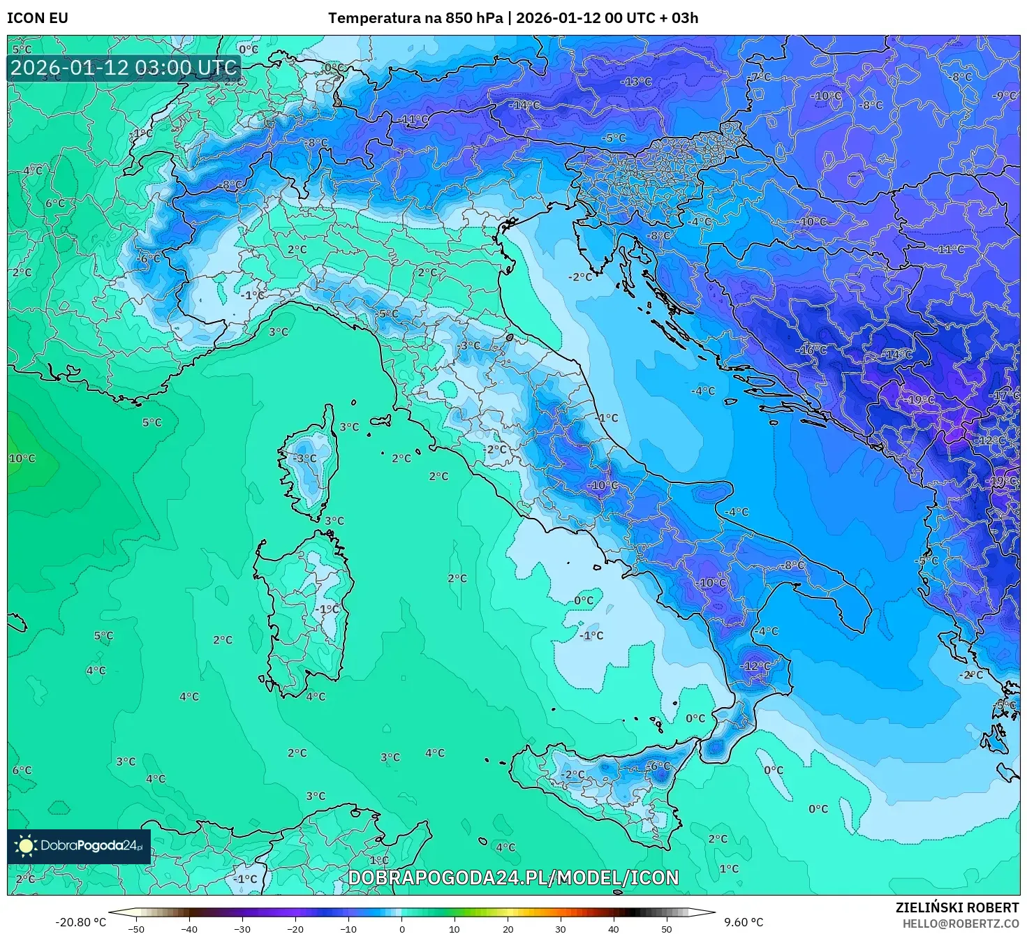 ICON model - Włochy, Temperatura na 850 hPa