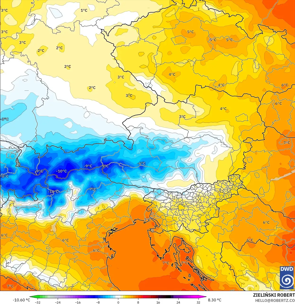 ICON model - Austria, Anomalia temperatury na 850 hPa