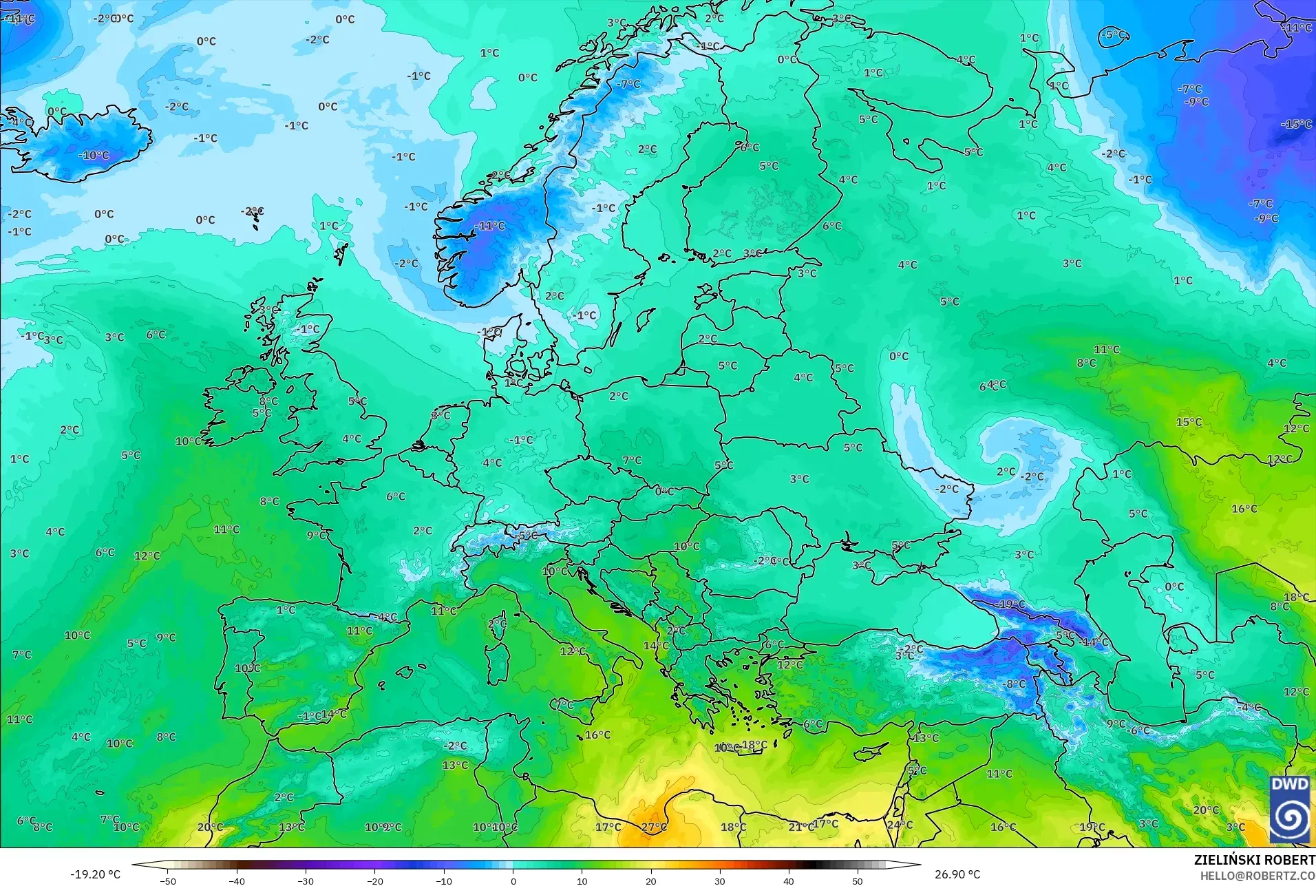 ICON model - Europa, Temperatura na 850 hPa