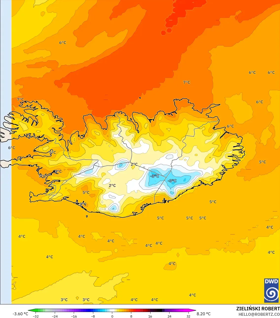 ICON model - Islandia, Anomalia temperatury na 850 hPa