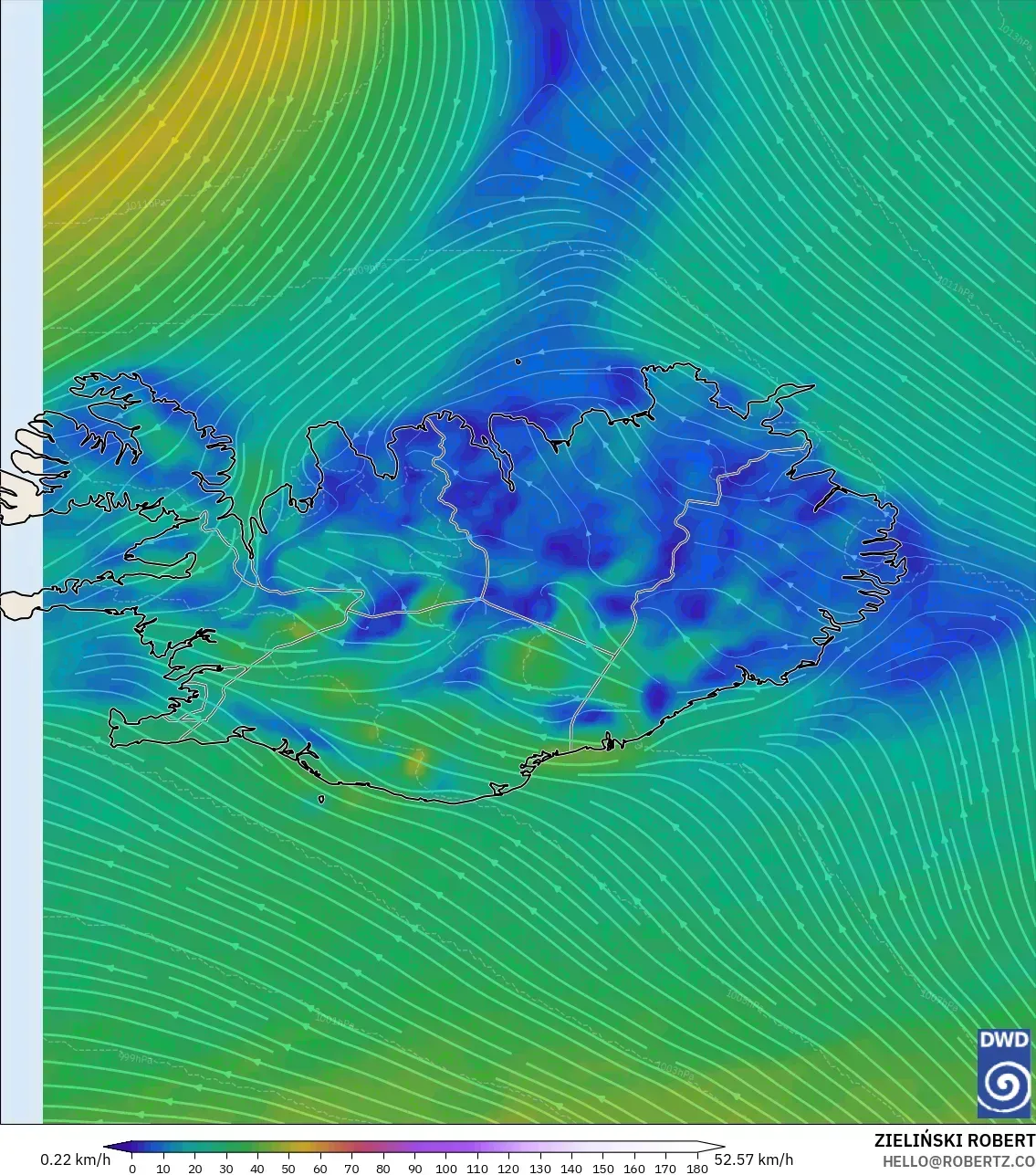 ICON model - Islandia, Wiatr na 10 m