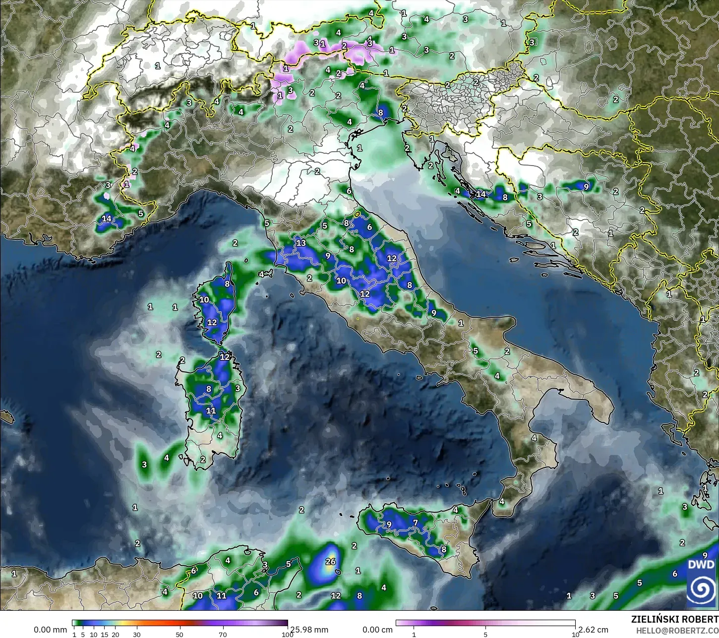 ICON model - Włochy, Opady, chmury i ciśnienie