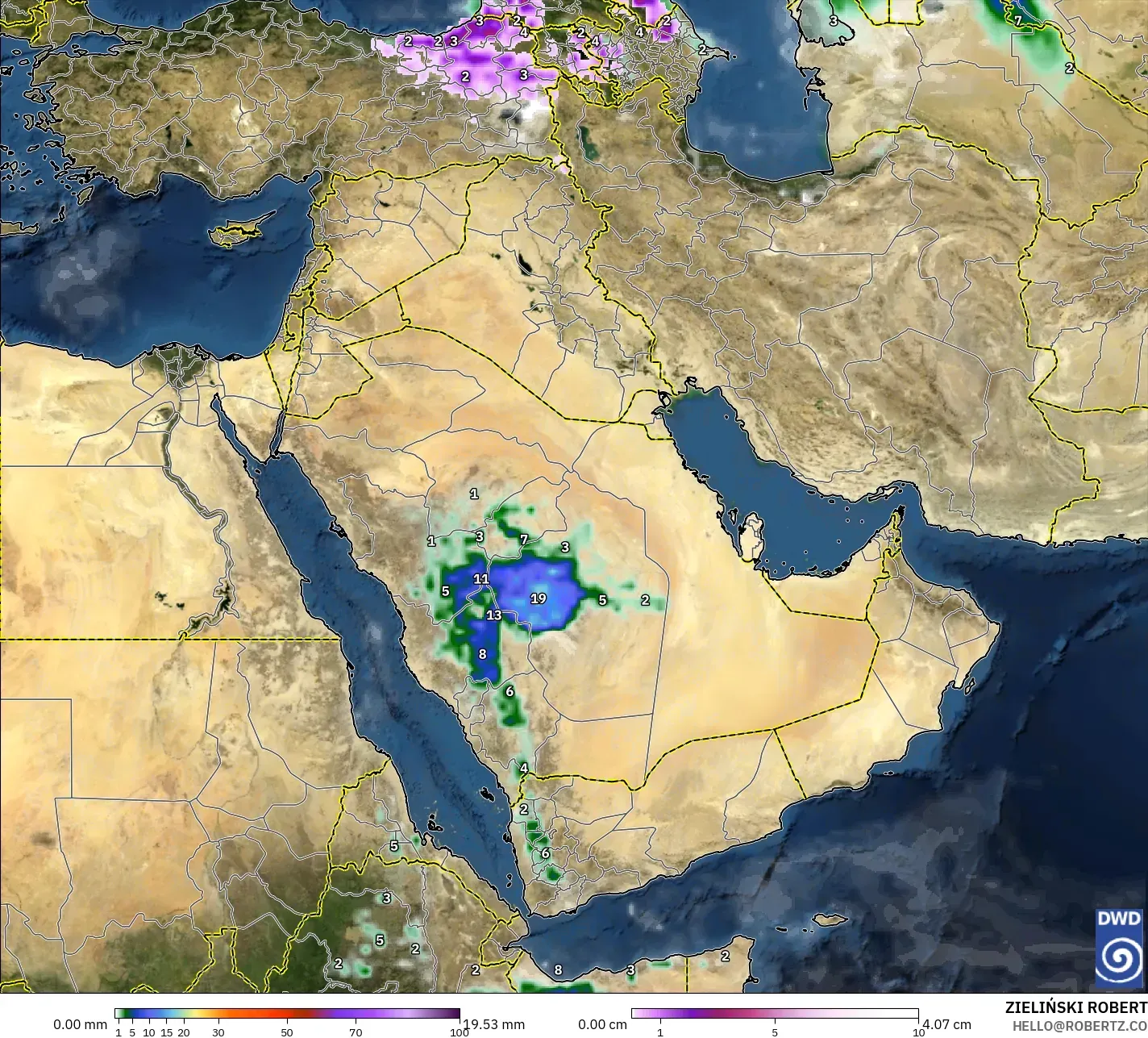 ICON model - Bliski Wschód, Opady, chmury i ciśnienie