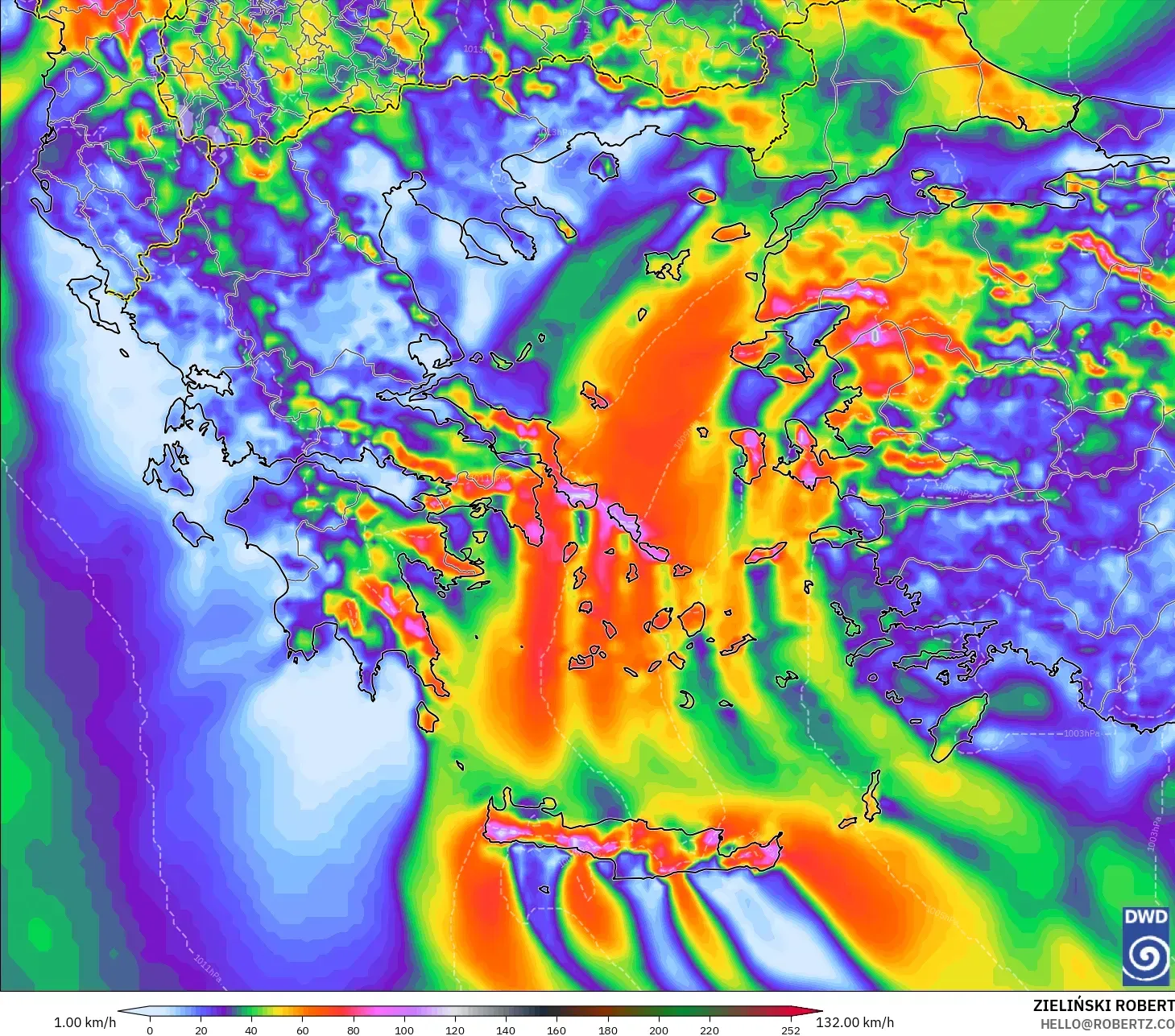 ICON model - Grecja, Porywy wiatru