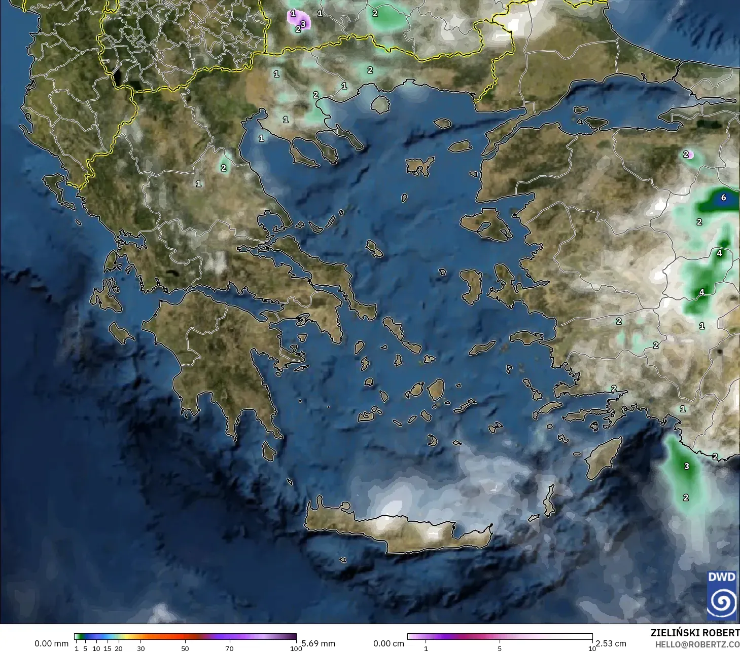 ICON model - Grecja, Opady, chmury i ciśnienie