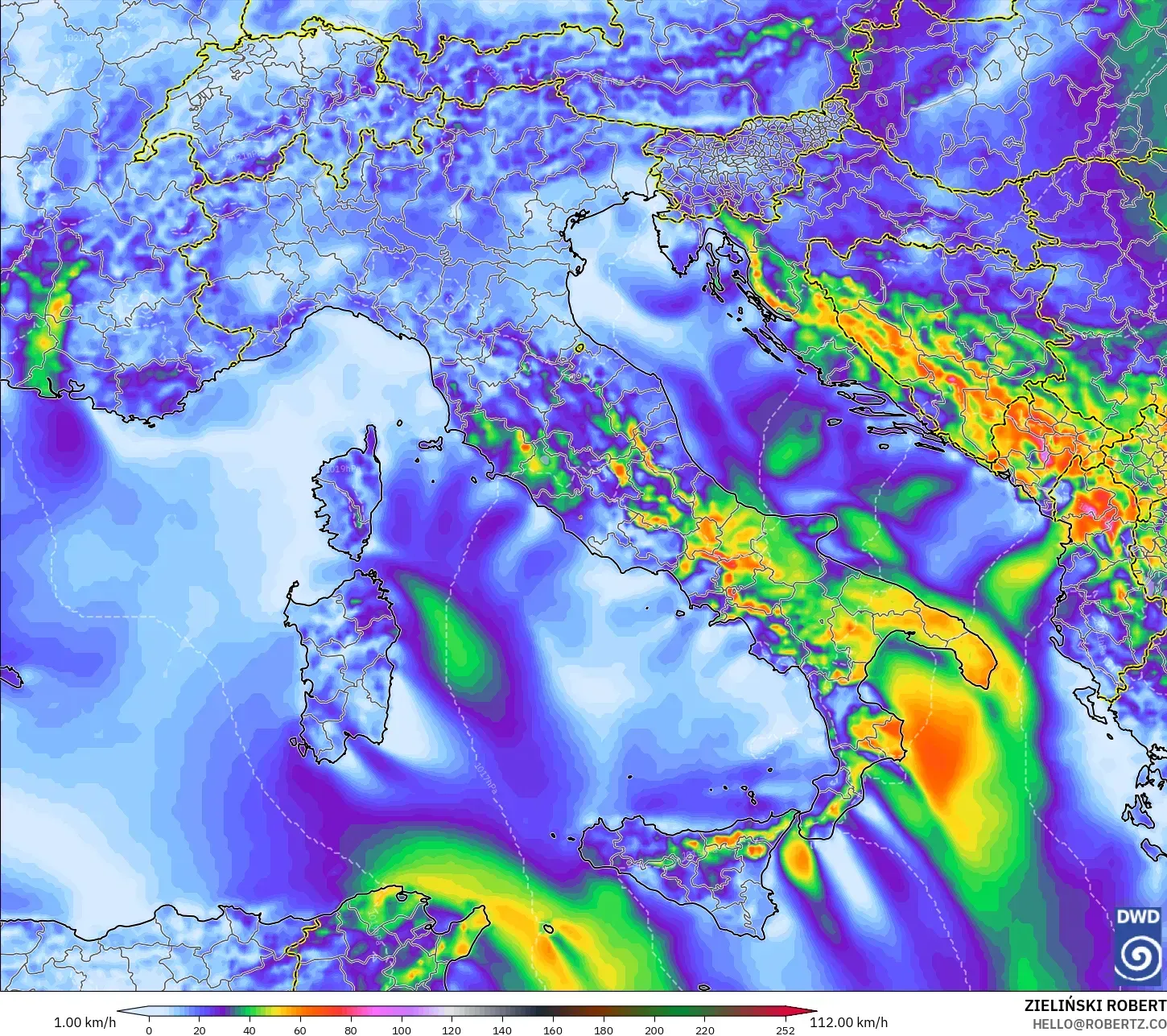ICON model - Włochy, Porywy wiatru