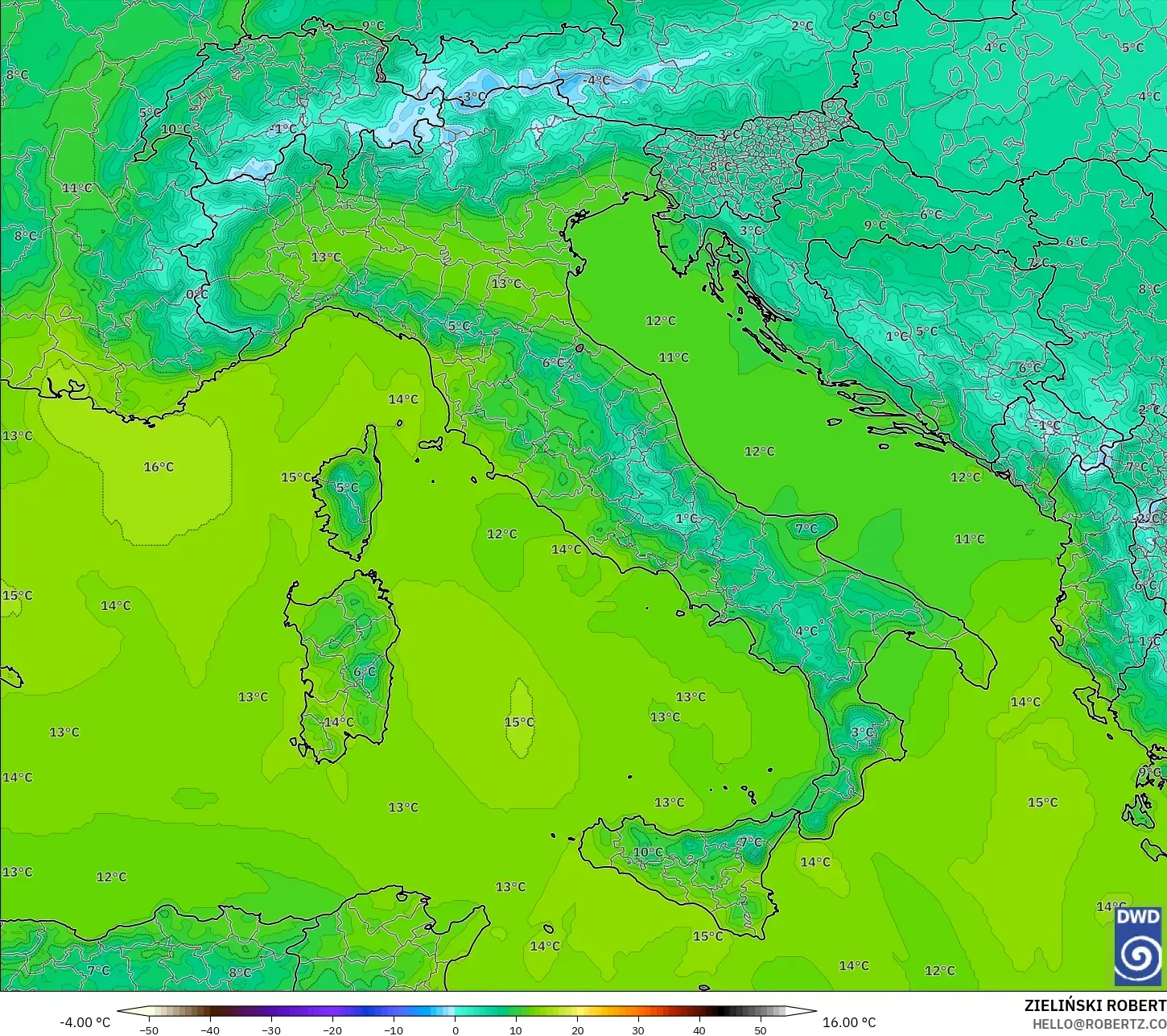 ICON model - Włochy, Temperatura na 850 hPa