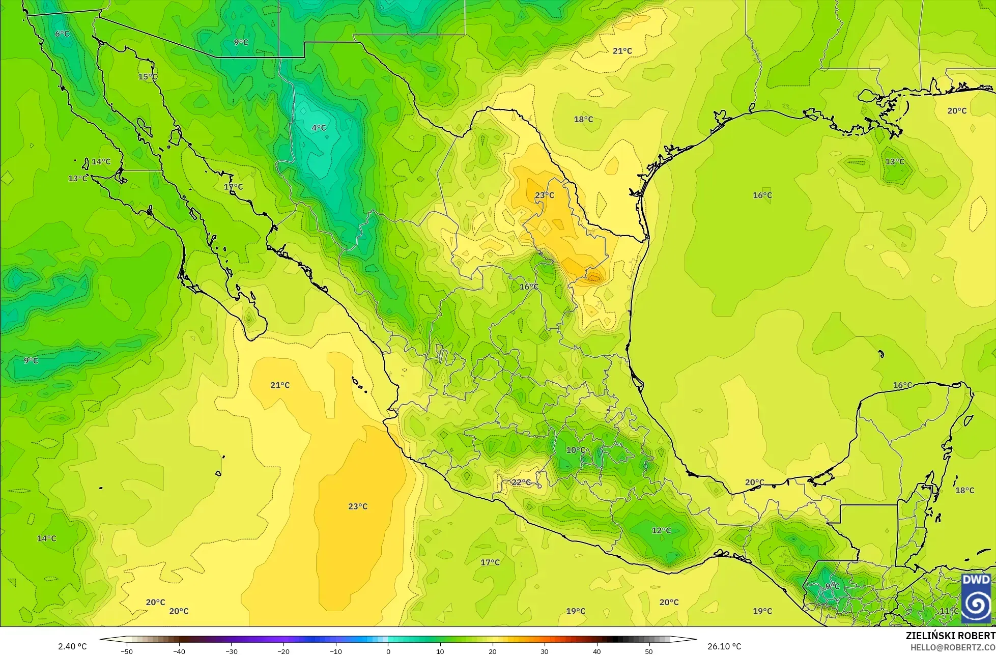ICON model - Meksyk, Temperatura na 850 hPa