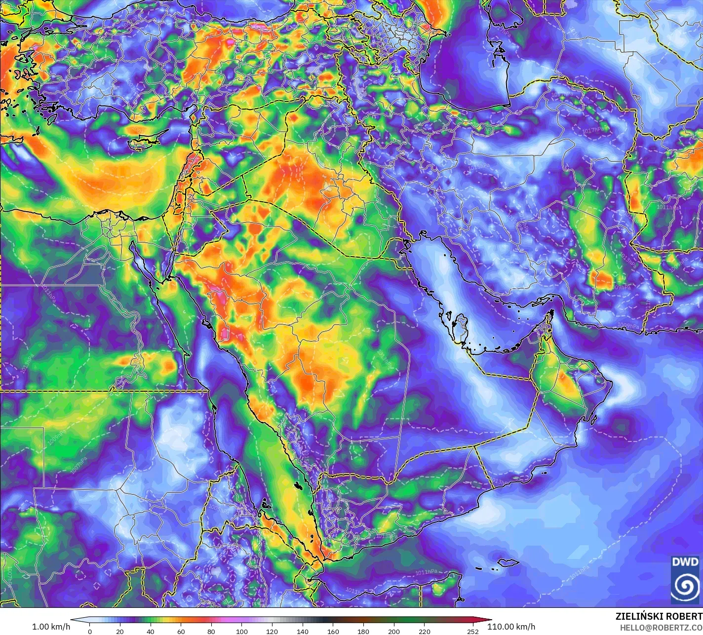 ICON model - Bliski Wschód, Porywy wiatru