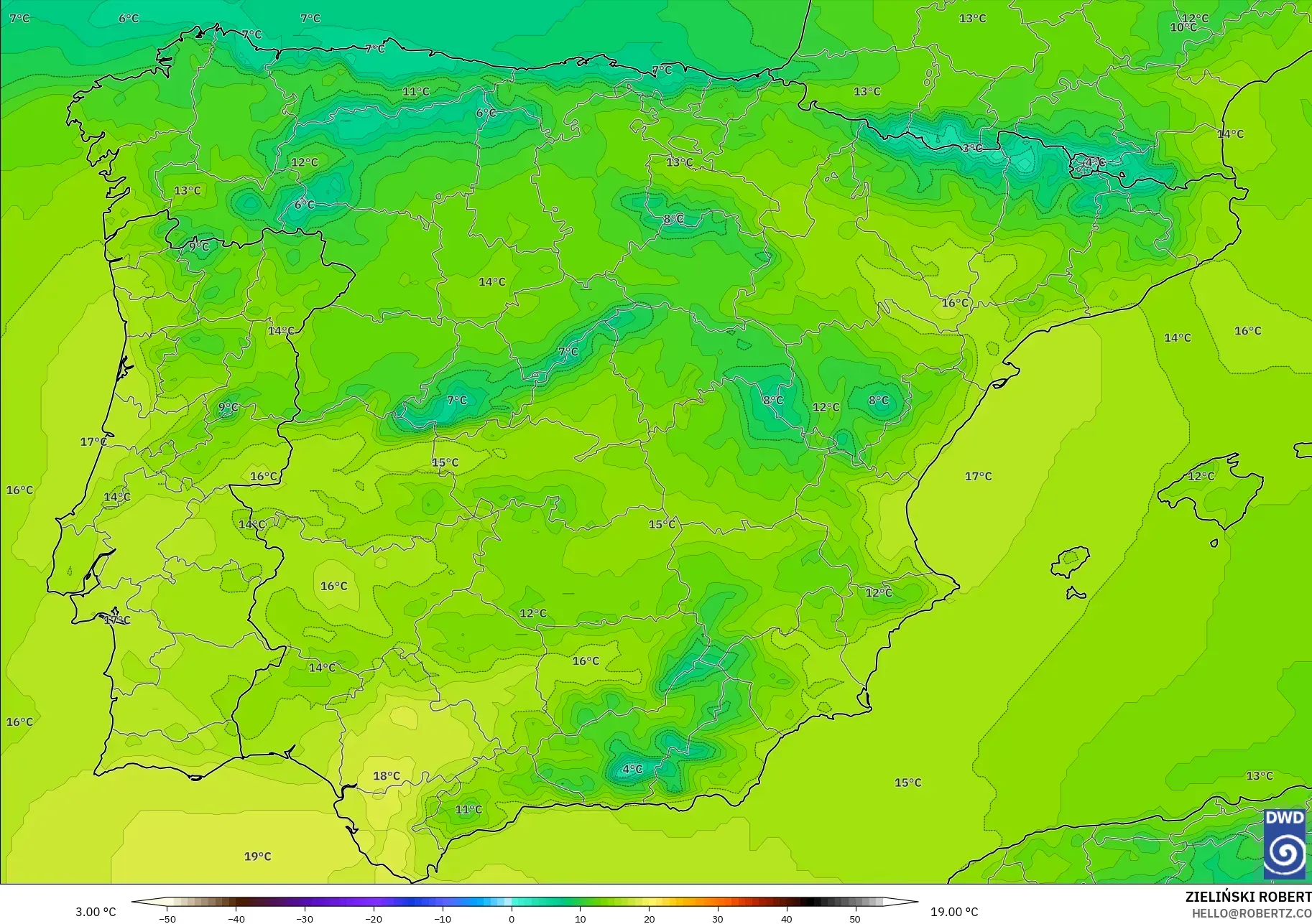 ICON model - Hiszpania, Temperatura na 850 hPa
