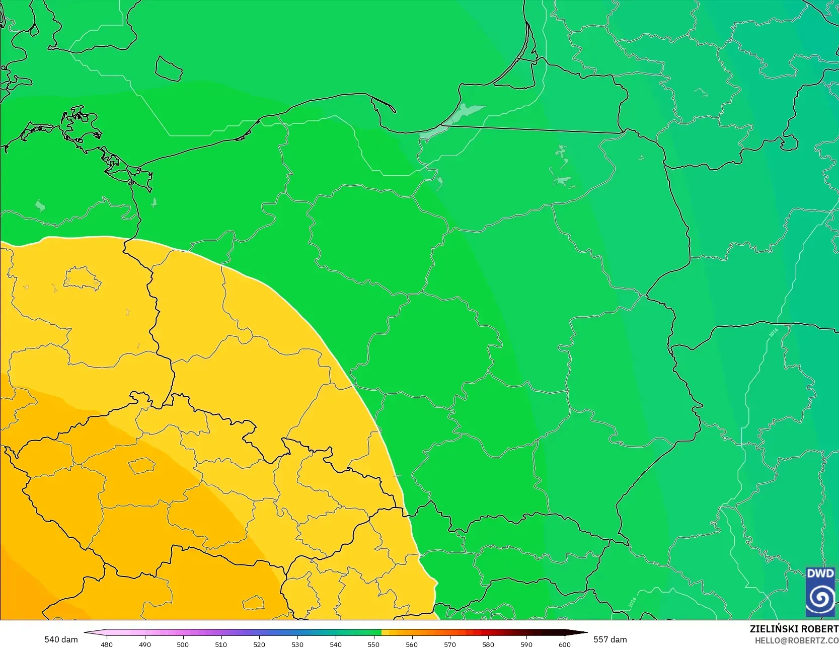 ICON model - Polska, Wysokość geopotencjalna na poziomie 500 hPa