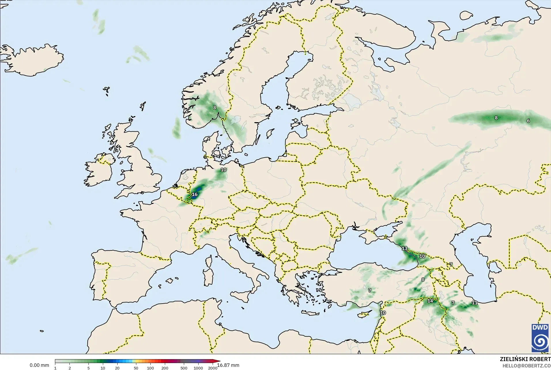 ICON model - Europa, Suma opadów