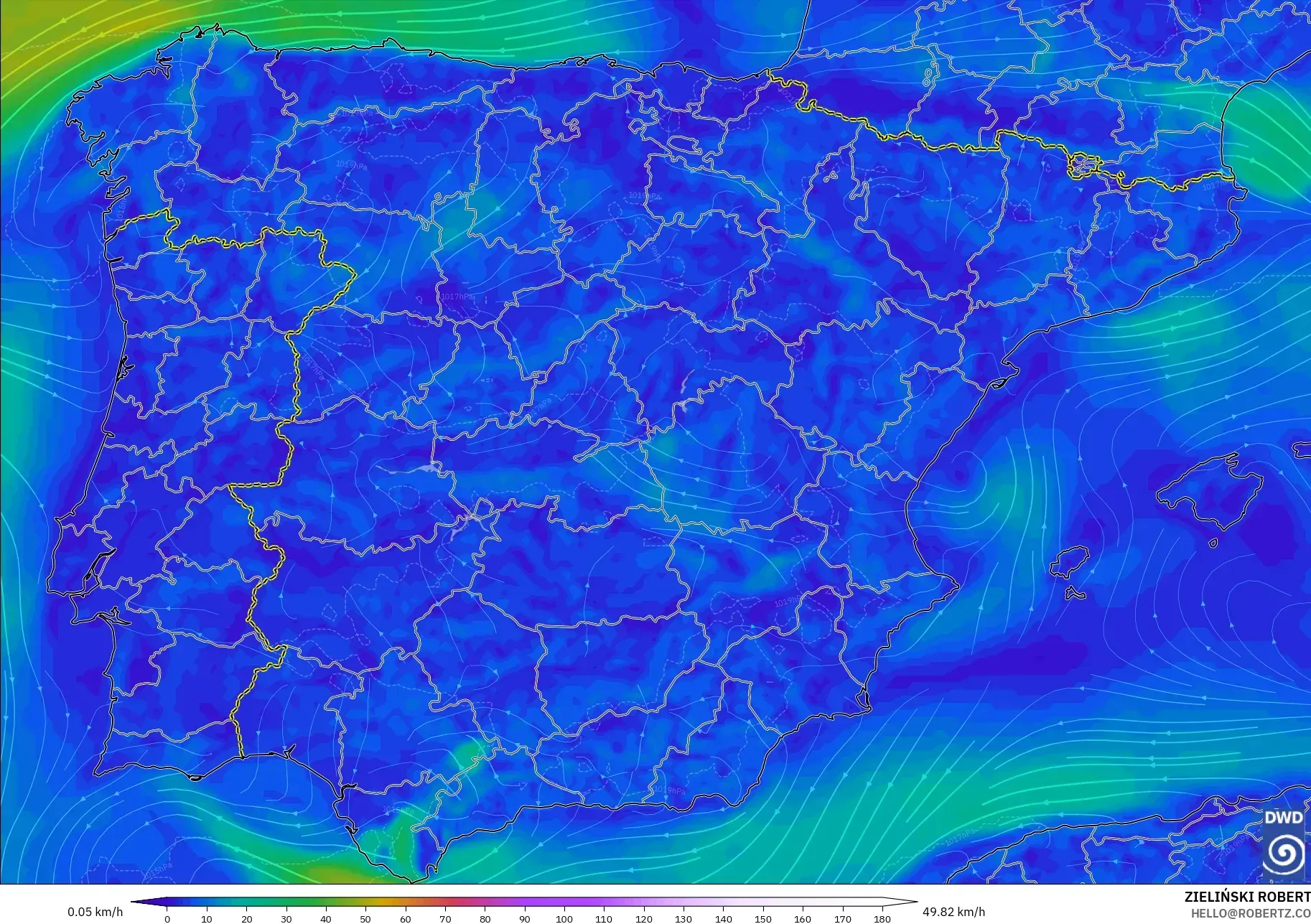ICON model - Hiszpania, Wiatr na 10 m