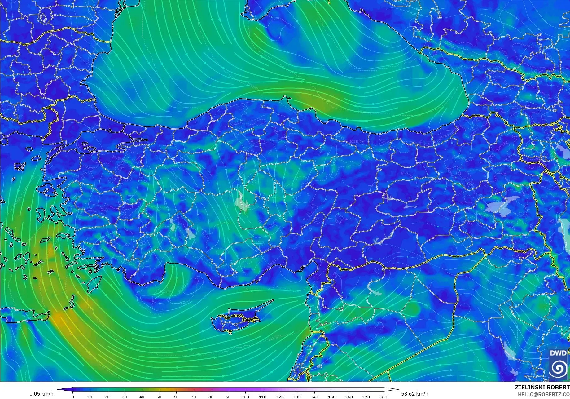 ICON model - Turcja, Wiatr na 10 m