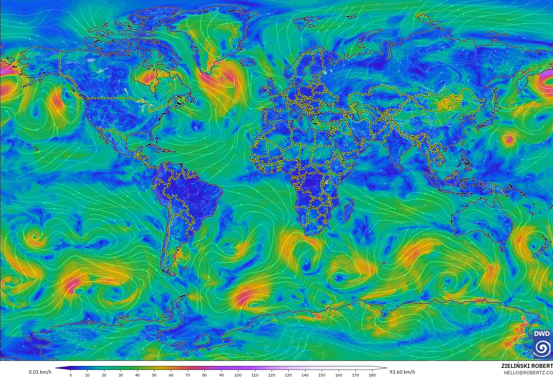 ICON model - Świat, Wiatr na 10 m