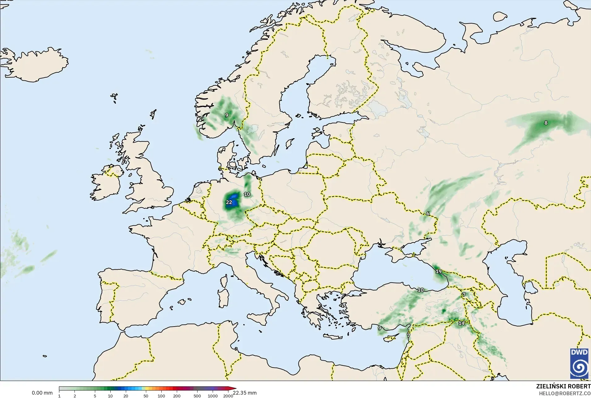 ICON model - Europa, Suma opadów