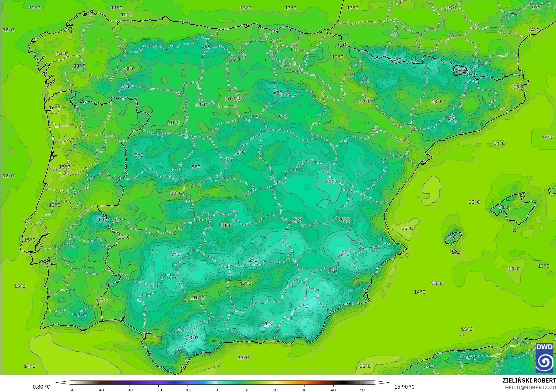 ICON model - Hiszpania, Punkt rosy na 2 m