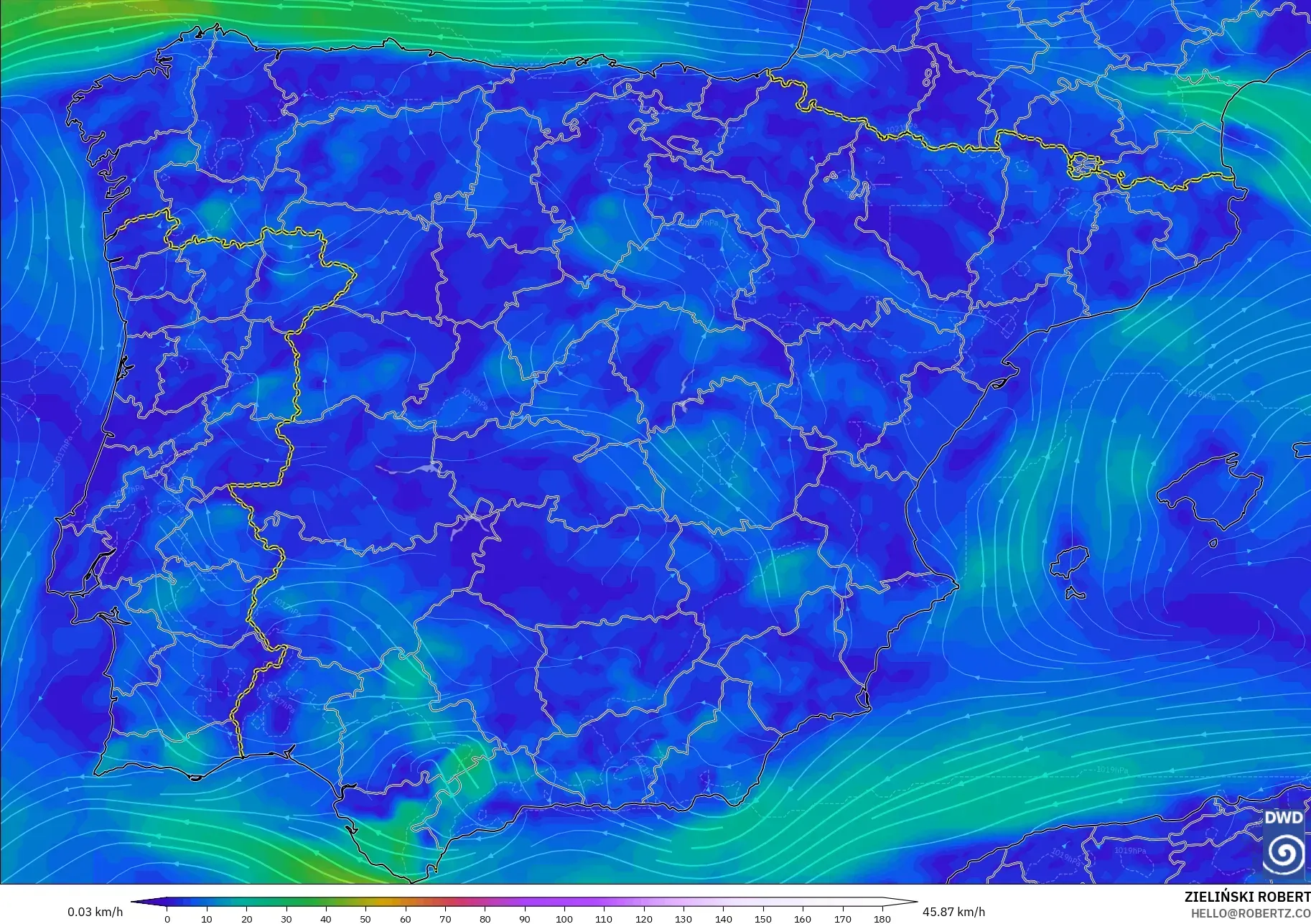 ICON model - Hiszpania, Wiatr na 10 m