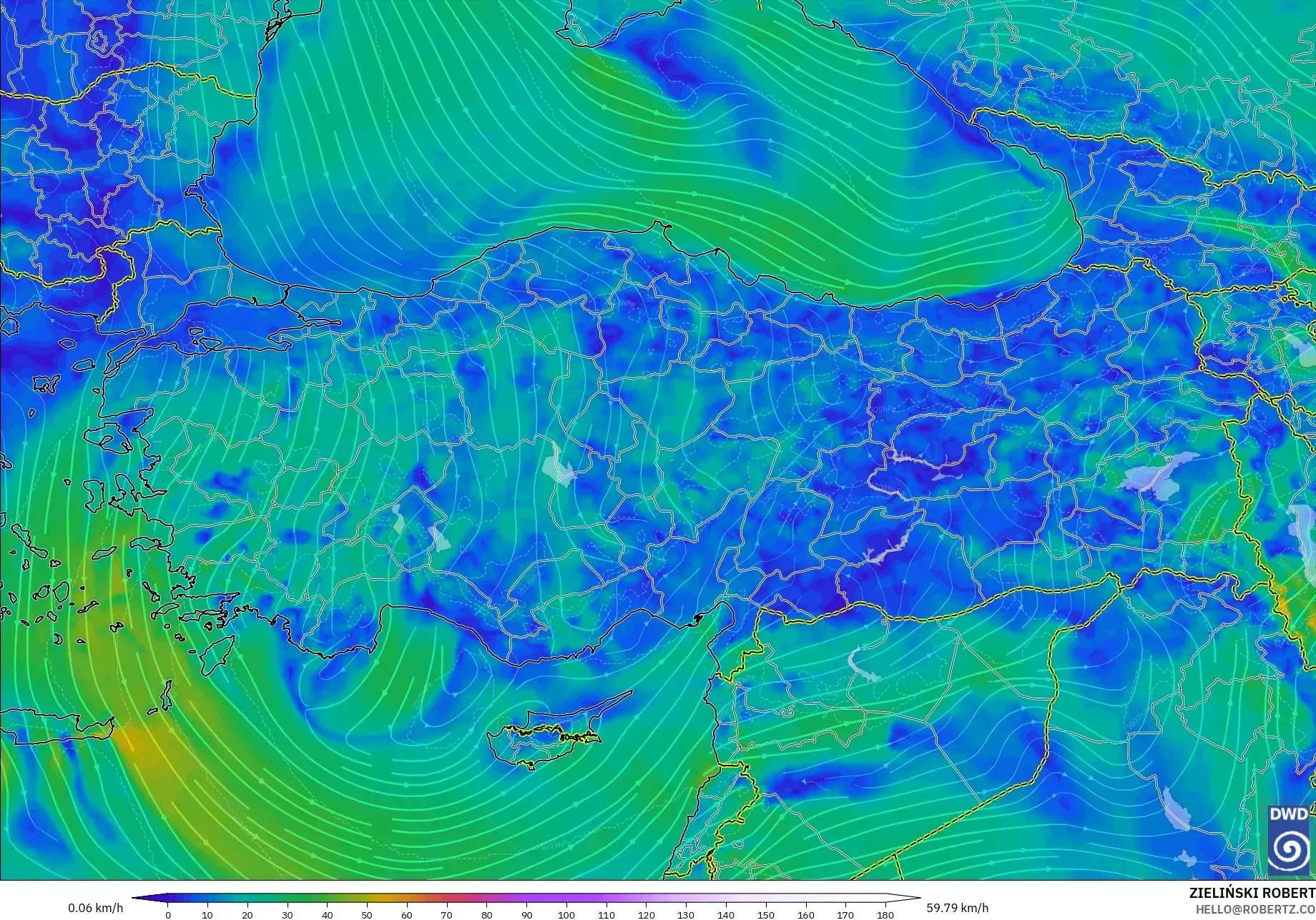 ICON model - Turcja, Wiatr na 10 m