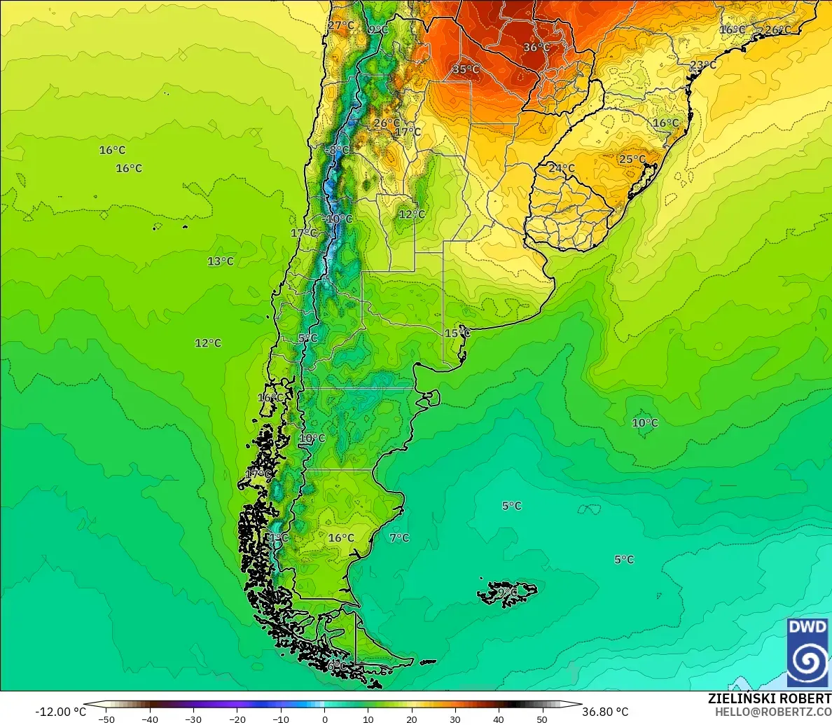 ICON model - Argentyna, Temperatura na 2 m