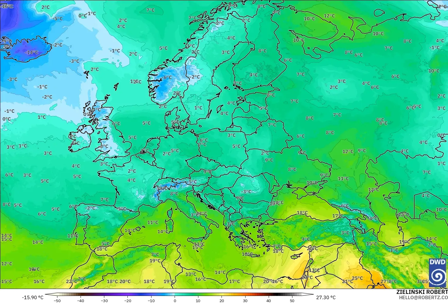 ICON model - Europa, Temperatura na 850 hPa