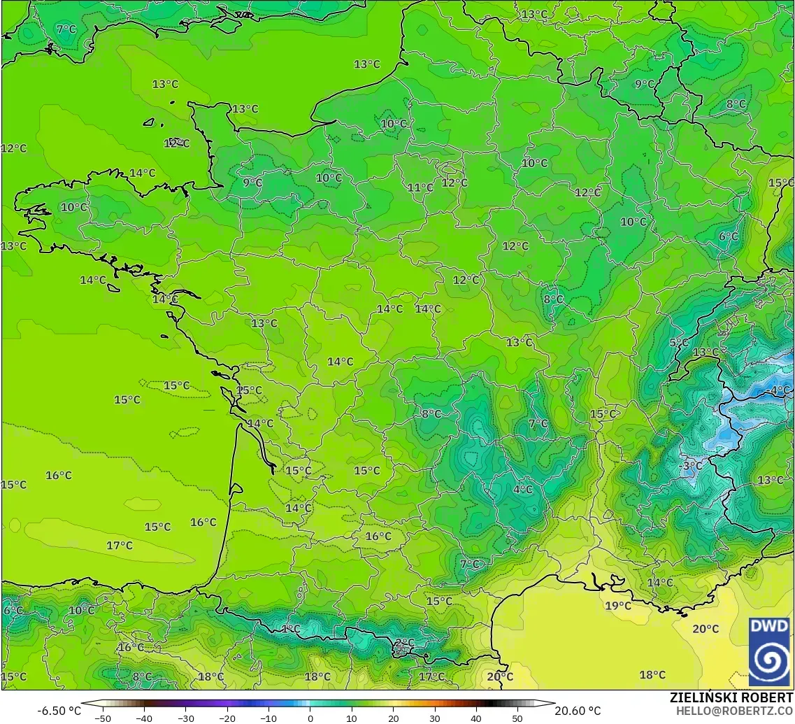 ICON model - Francja, Temperatura na 2 m