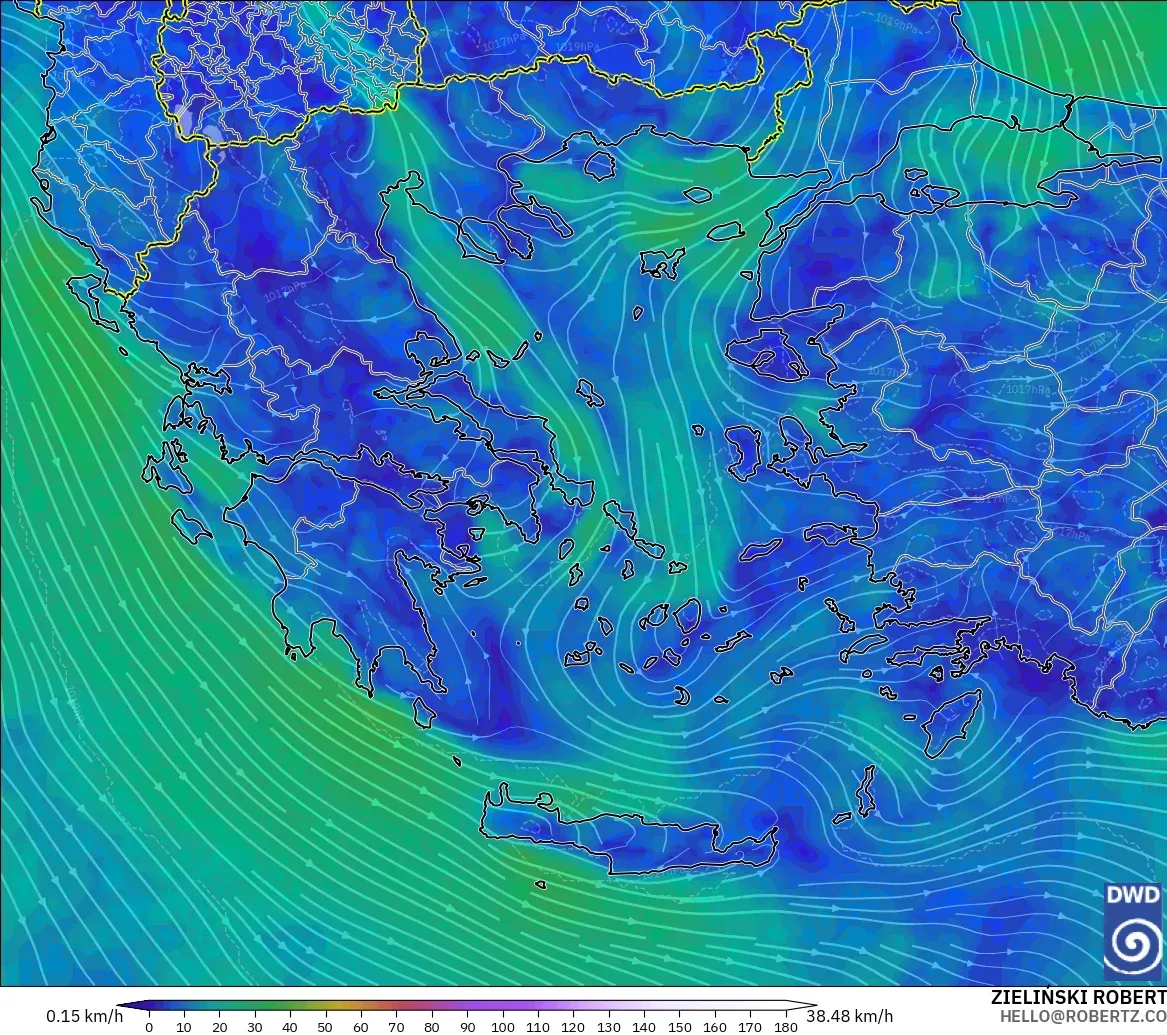 ICON model - Grecja, Wiatr na 10 m