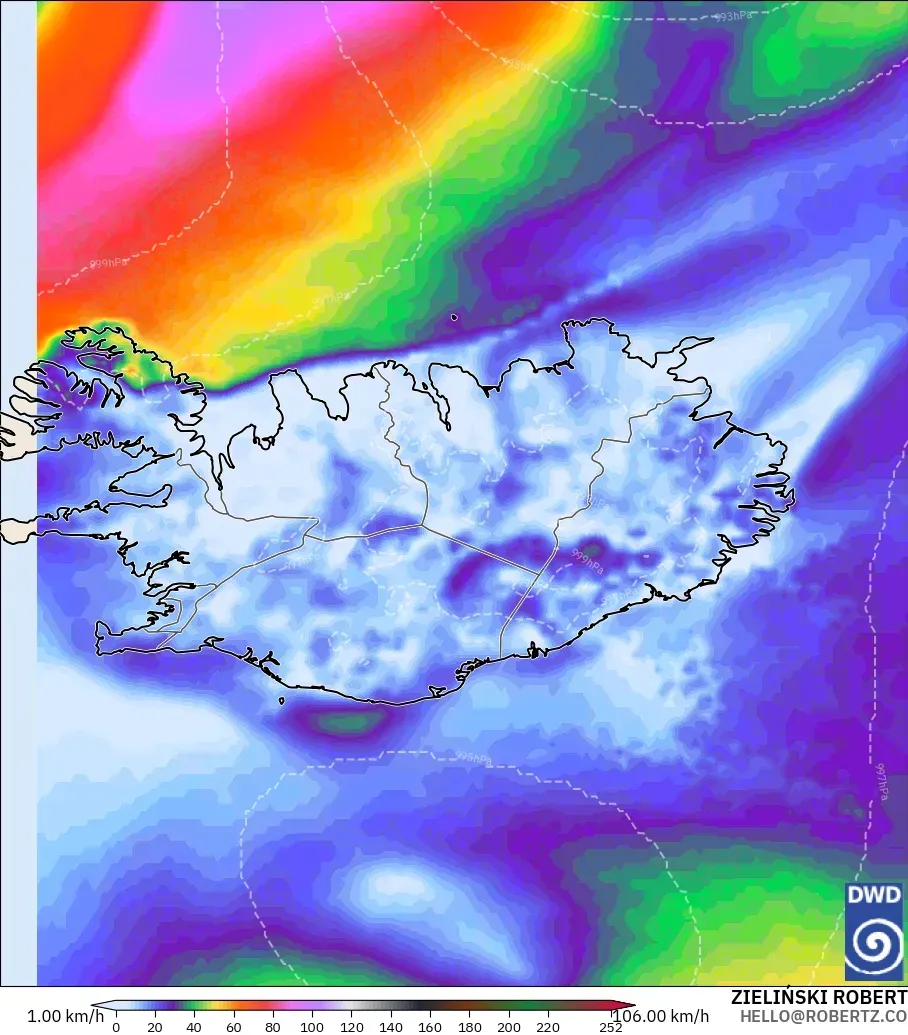 ICON model - Islandia, Porywy wiatru