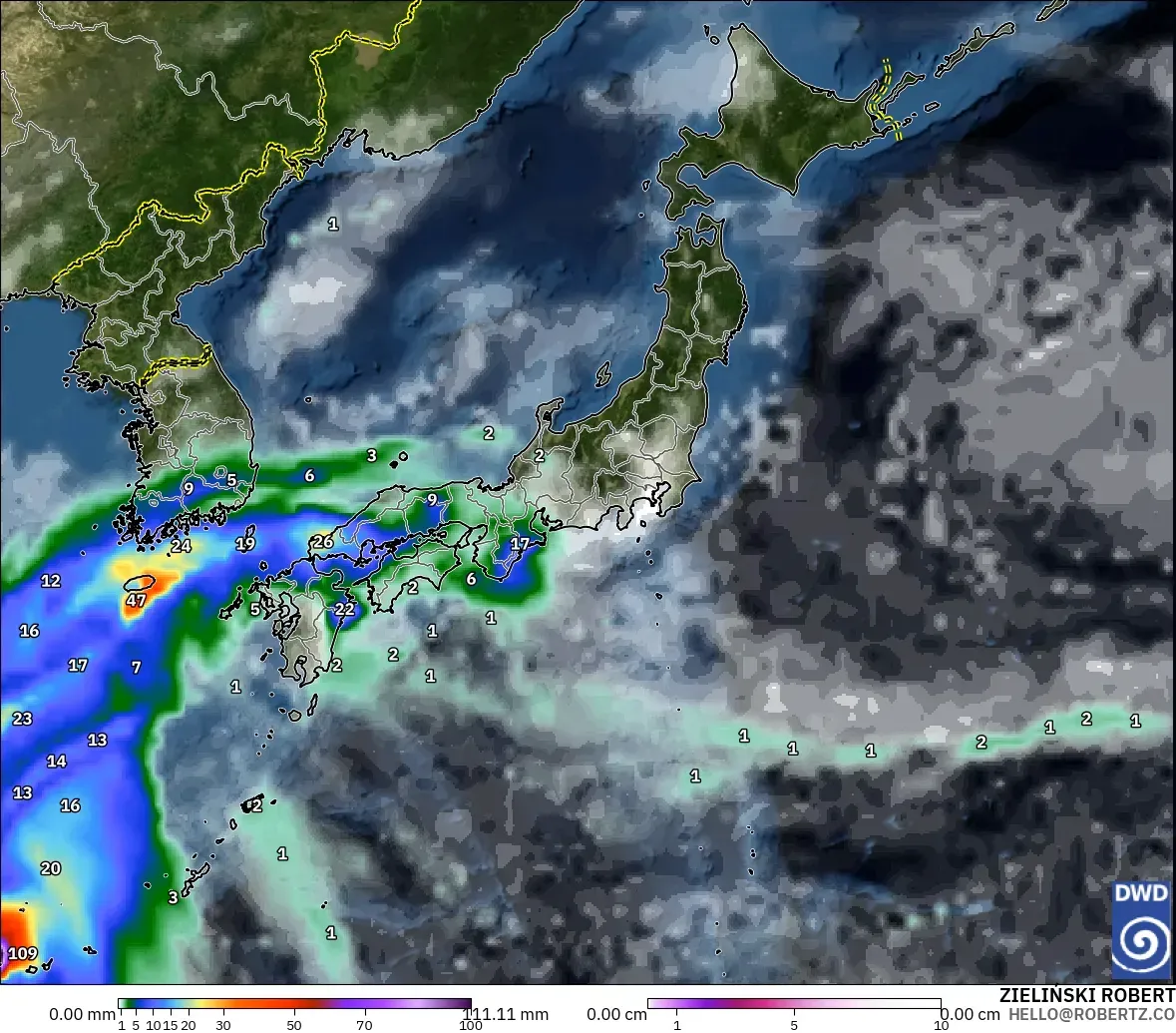 ICON model - Japonia, Opady, chmury i ciśnienie