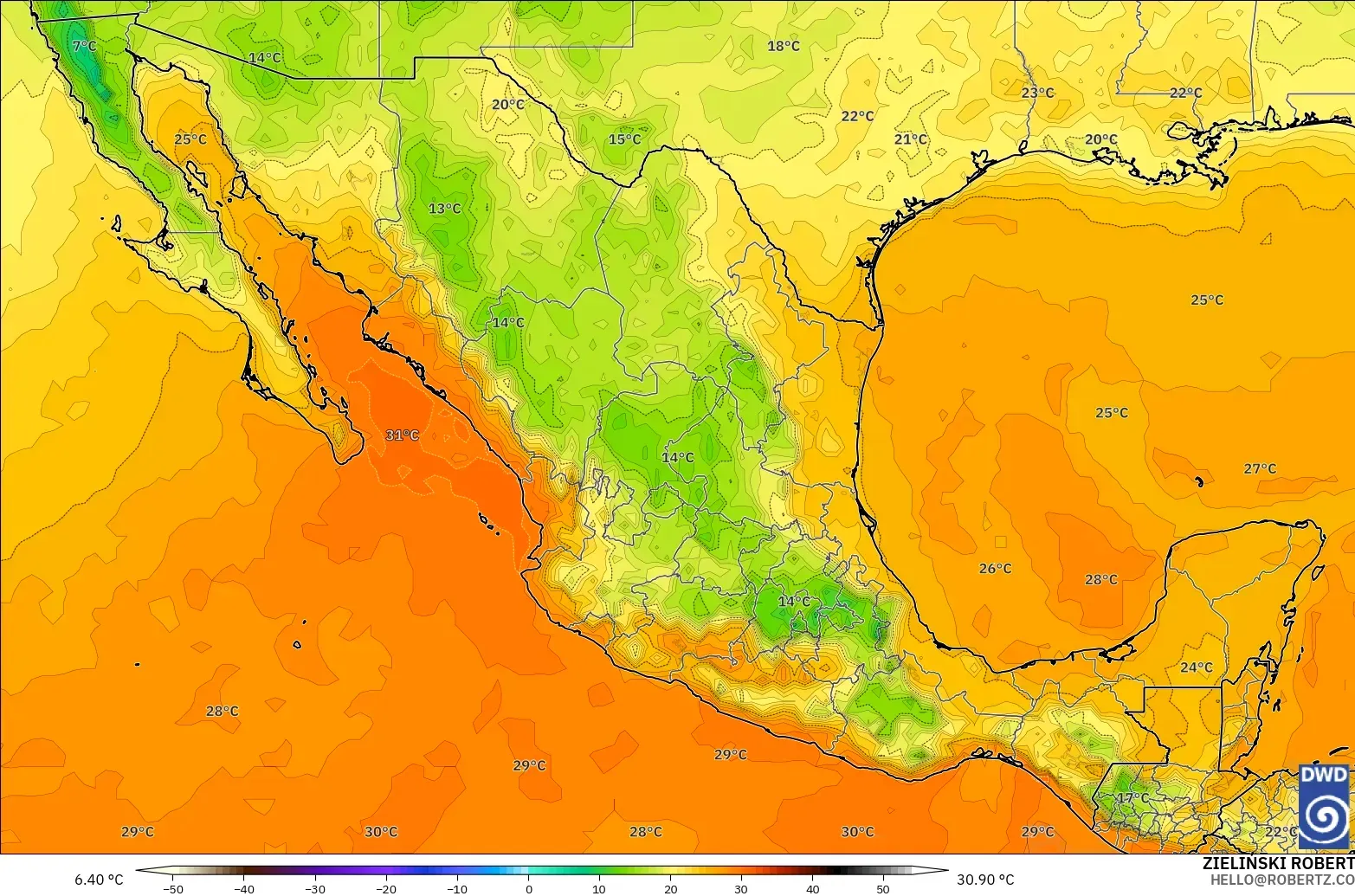 ICON model - Meksyk, Temperatura na 2 m