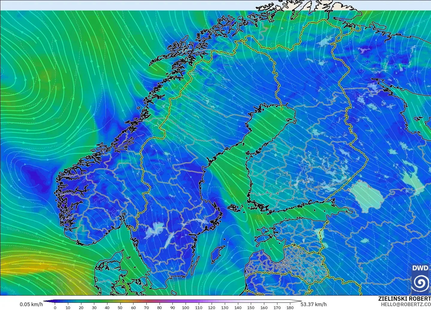 ICON model - Skandynawia, Wiatr na 10 m