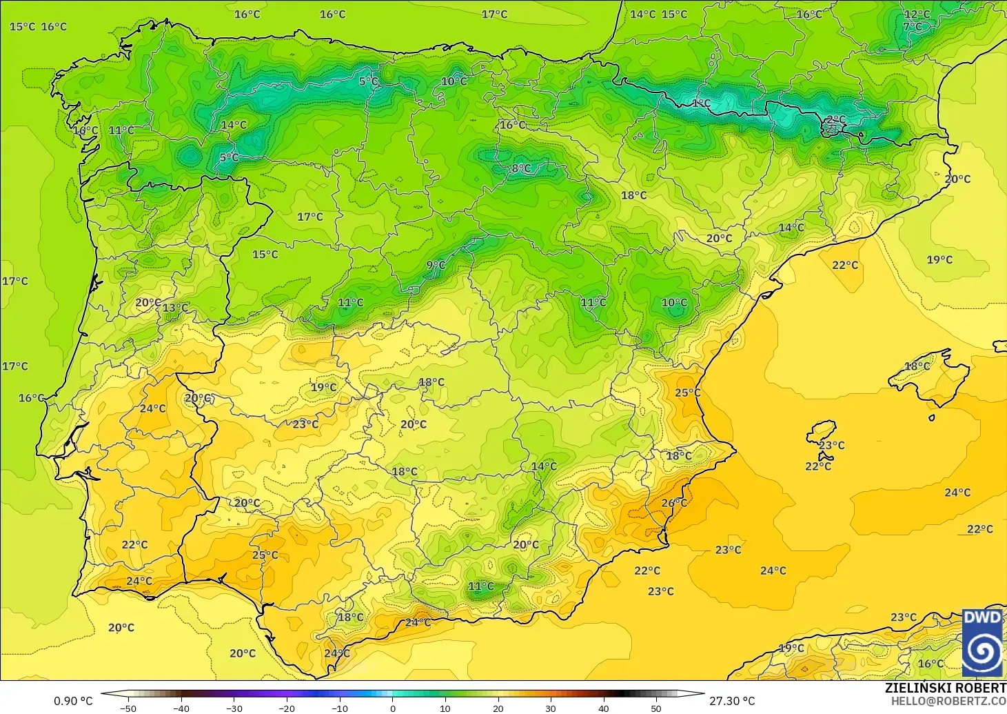 ICON model - Hiszpania, Temperatura na 2 m