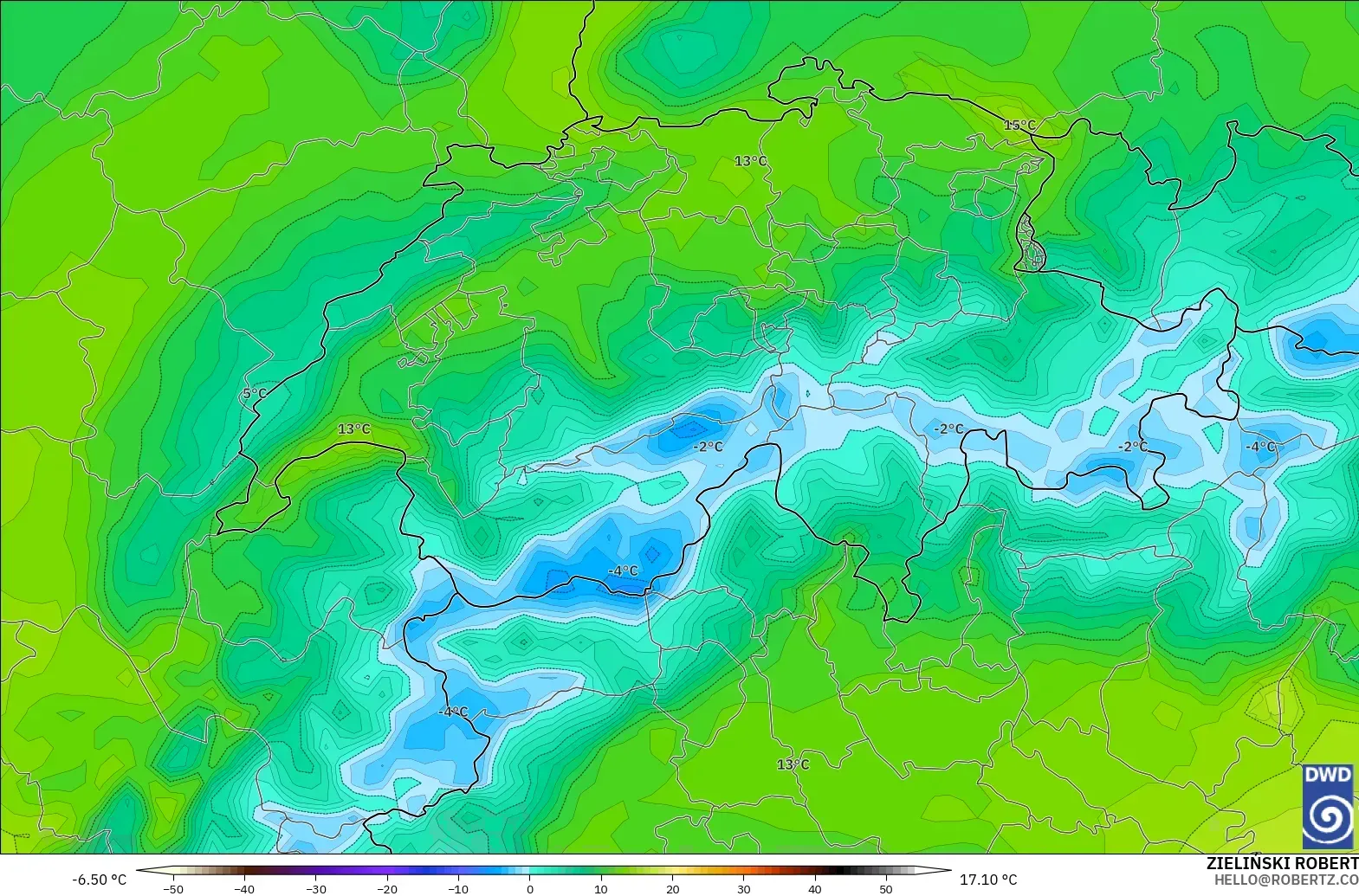 ICON model - Szwajcaria, Temperatura na 2 m