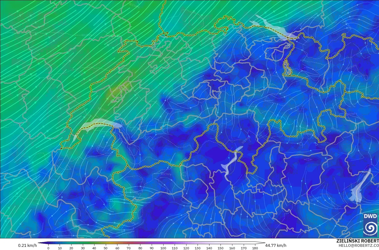 ICON model - Szwajcaria, Wiatr na 10 m