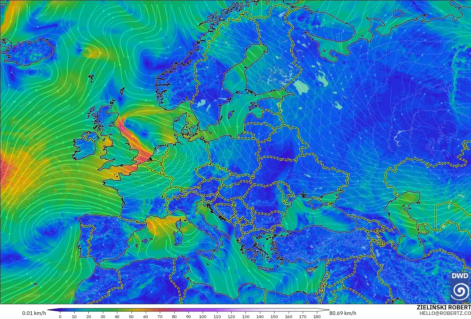 ICON model - Europa, Wiatr na 10 m