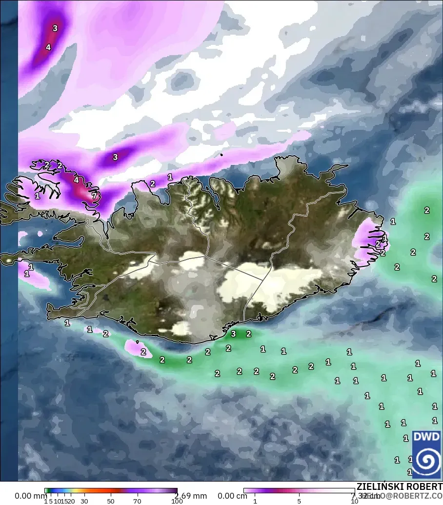 ICON model - Islandia, Opady, chmury i ciśnienie