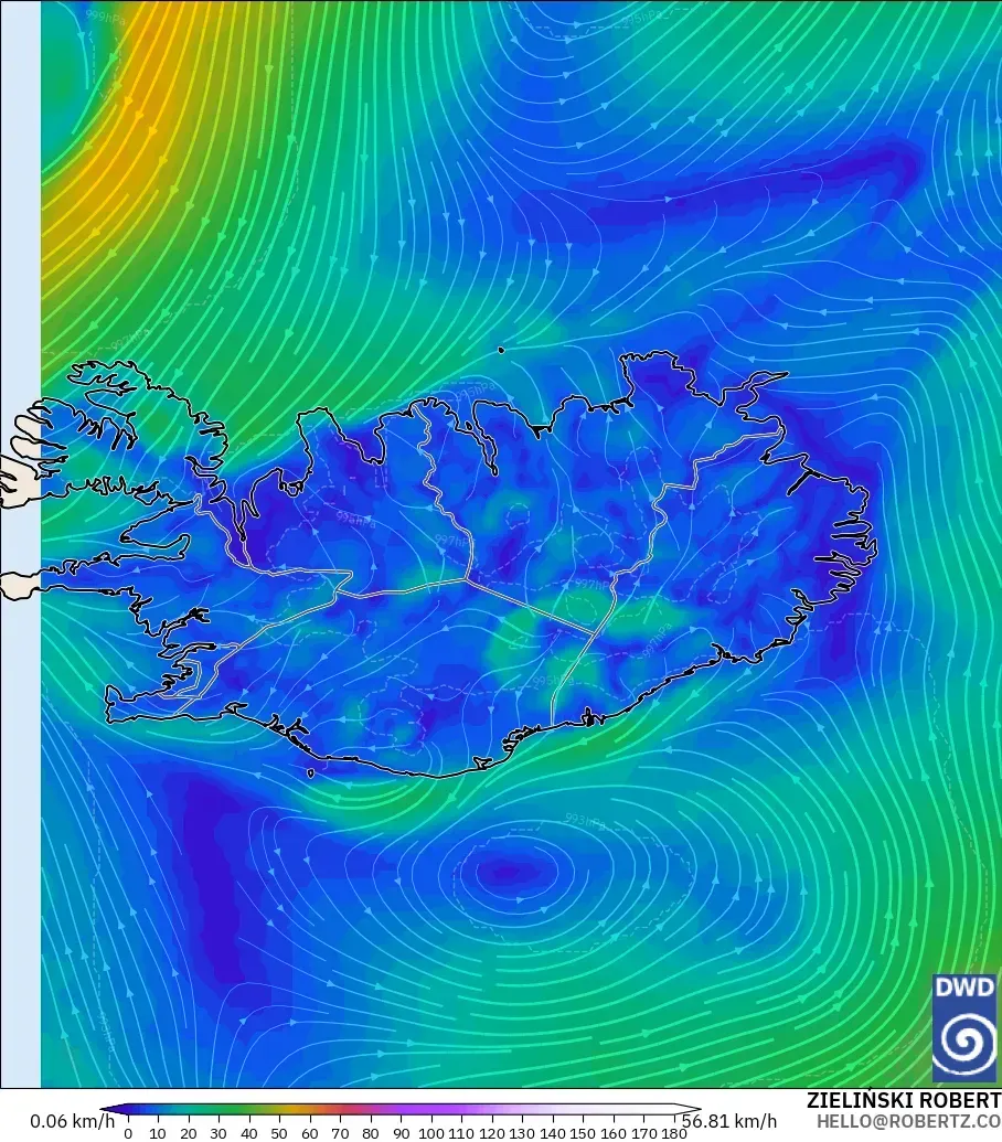ICON model - Islandia, Wiatr na 10 m