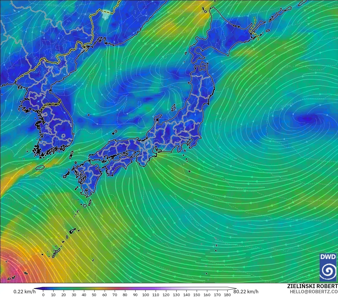 ICON model - Japonia, Wiatr na 10 m