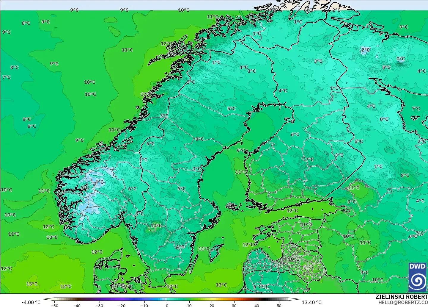ICON model - Skandynawia, Temperatura na 2 m